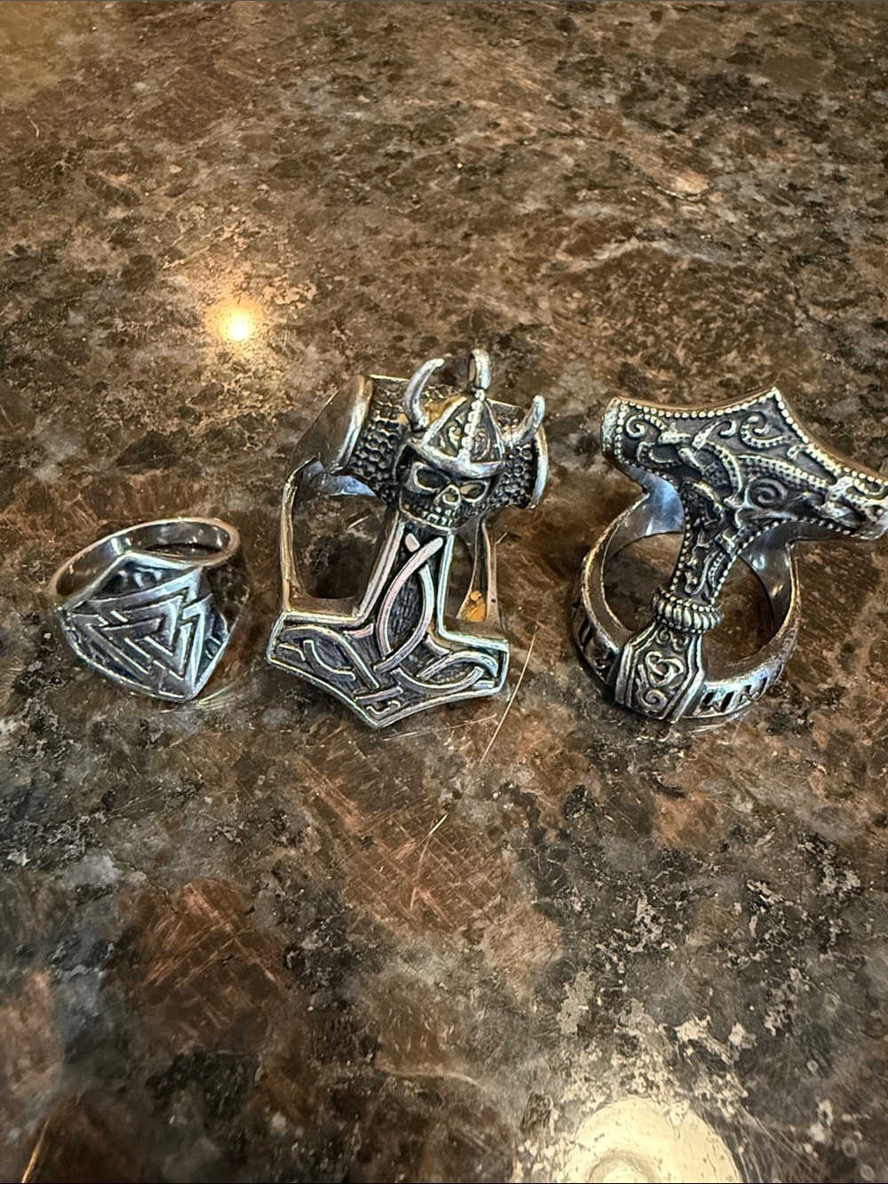 Source Unknown Silver-Tone Viking Hammer & Skull Ring Trio